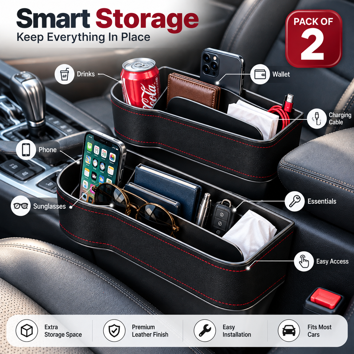 Car Seat Gap Organizer – Smart Storage Organizer | Pack of 2